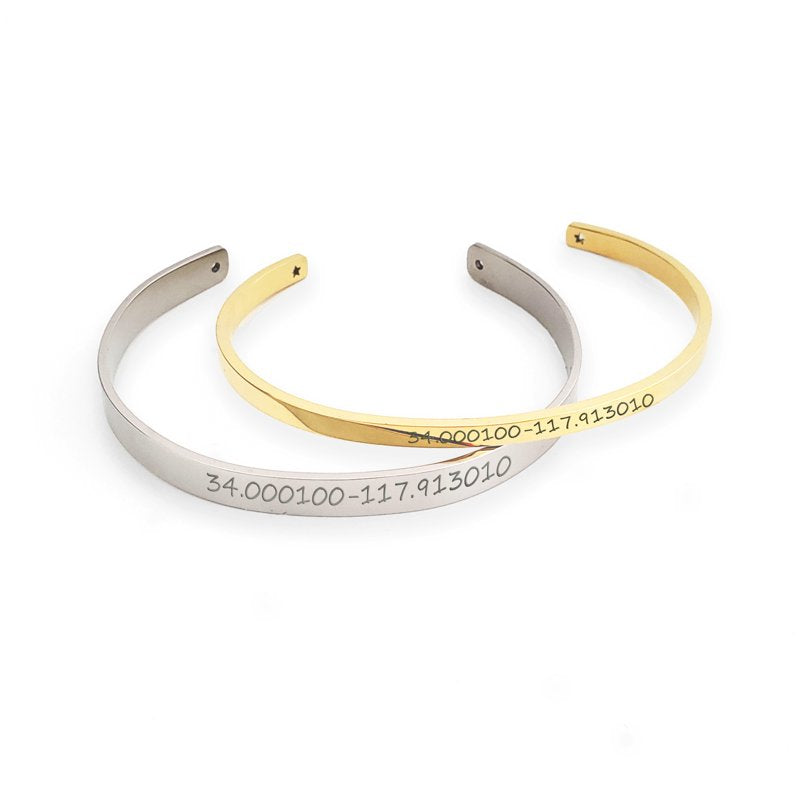 Personalized Couple's Engravable Coordinates Bracelets Gift Set - Matching Adjustable Bangles in Silver, Gold, Rose Gold