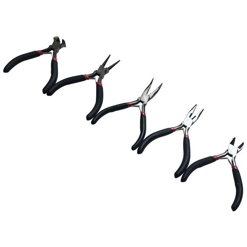 Jewelry Pliers Set 5 Pieces - Round Nose, Long Nose, Bent Nose, Cutters for Beading & Wire Work