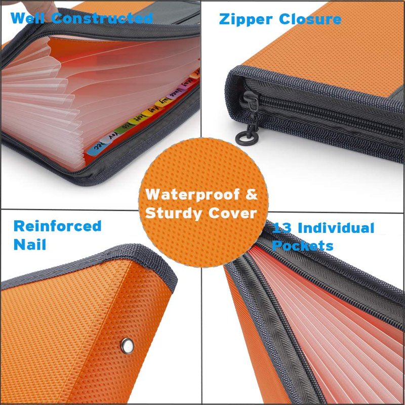 13 Pocket Expanding Document Folder with Zipper & Sticky Labels - Office Organizer
