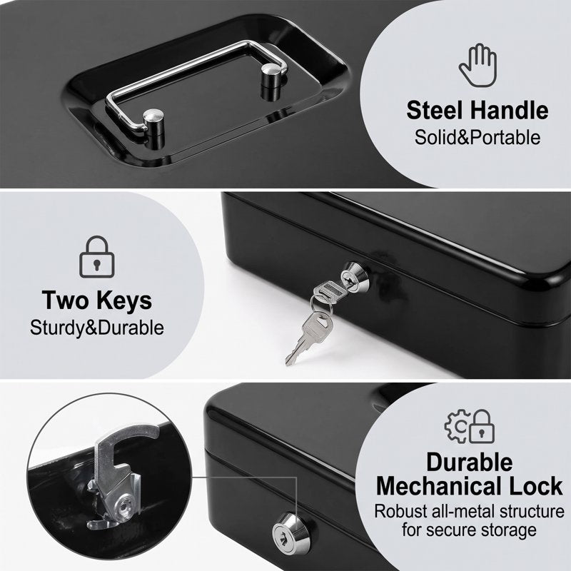 Large Metal Cash Box with Lock and Coin Tray, Portable Organizer