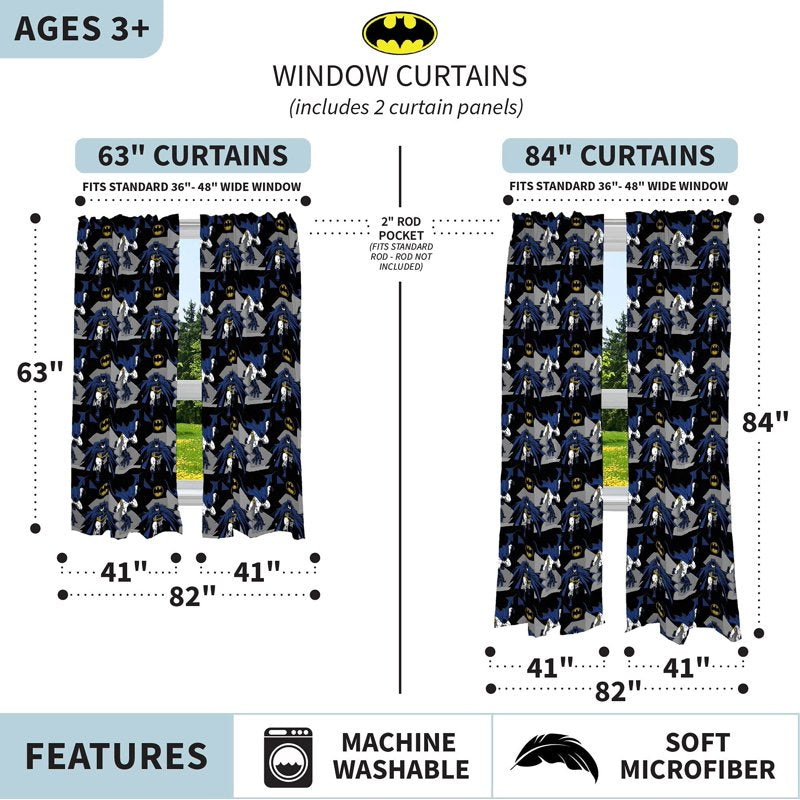 Kids Batman Window Curtains Set - Gotham Blues Pattern, 82x63 Inches