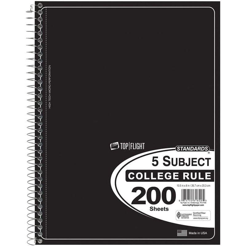 5 Subject College Ruled Notebook with 200 Sheets - Spiral Bound, Assorted Colors, 10.5x8 Inches
