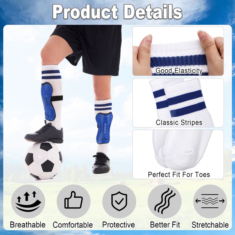 Kids Soccer Shin Guards Set with 3 Socks - Adjustable Lightweight Protective Gear (Blue / Black / White)