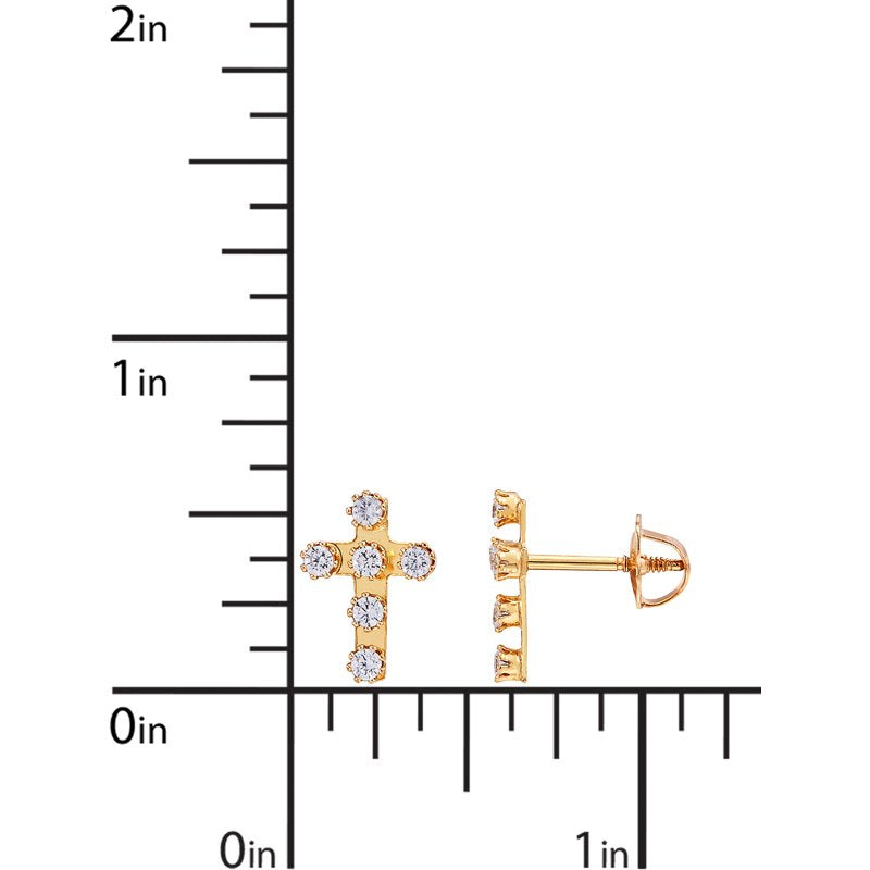 Girls Cubic Zirconia Cross Earrings in 10K Yellow Gold - Small Studs