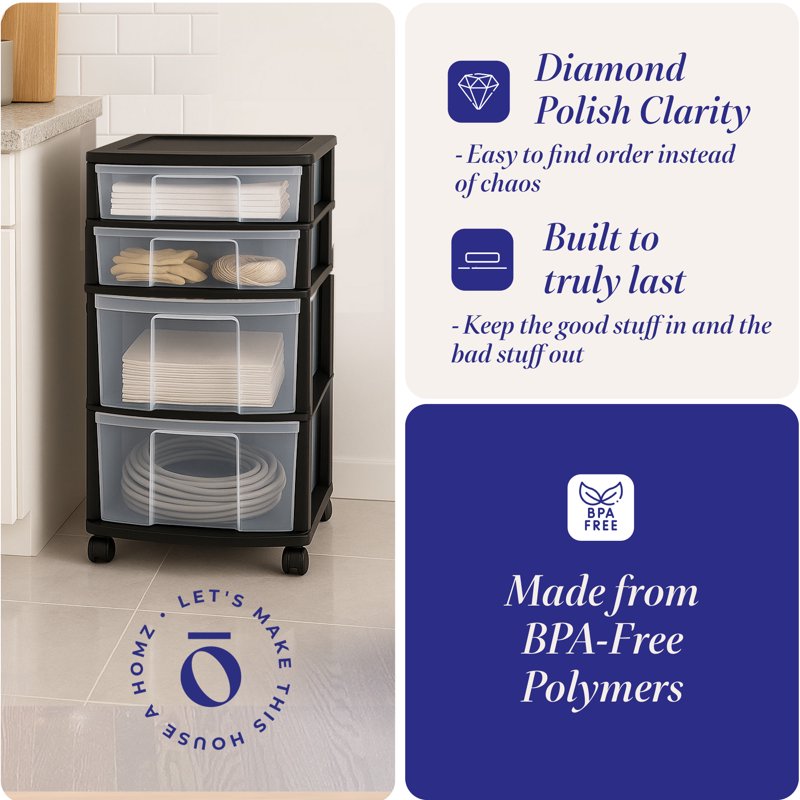 Black Plastic 4-Drawer Storage Container Organizer - Home & Closet Use