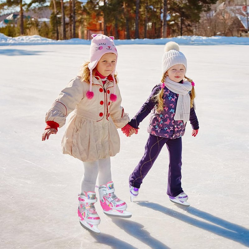 Adjustable Kids Ice Skates for Girls with Fleece Lining and Rainbow Design