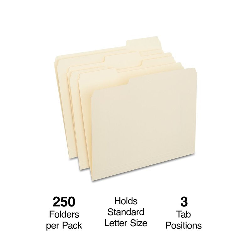 3-Tab Letter-Size Manila File Folders - Assorted Positions, 250 Pack