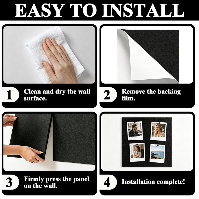 Modular Felt Bulletin Board Tiles Set - Self-Adhesive Cork Boards for Office & Home, 48x36 Inches, Black