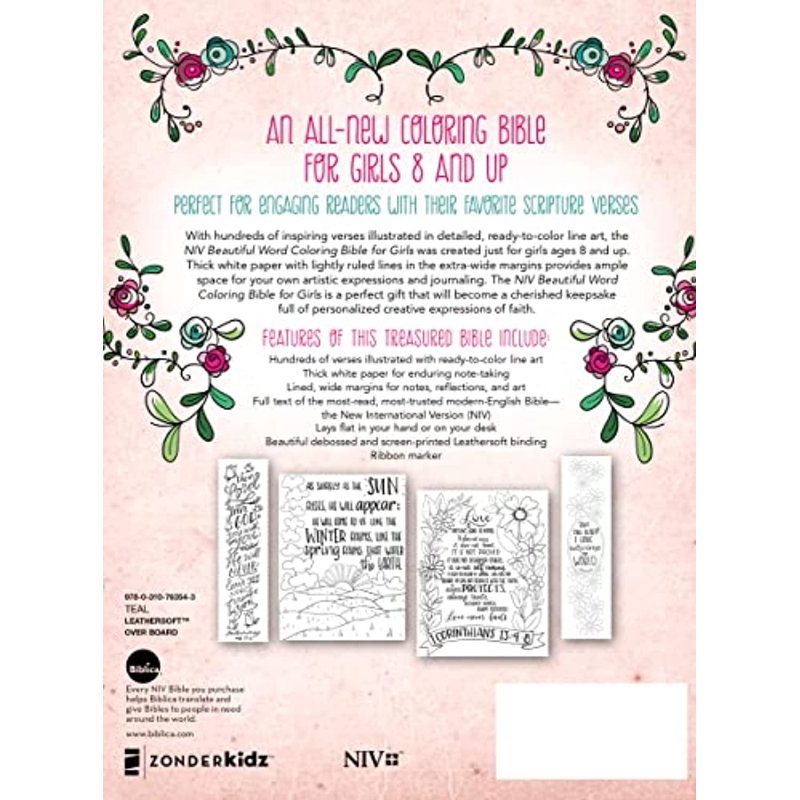 NIV Coloring Bible for Girls - Teal LeatherSoft Hardcover, 178982