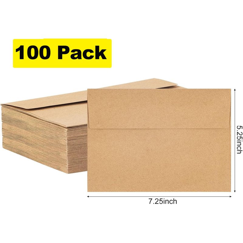 Self-Sealing Brown A7 Envelopes for Invitations & Mailing 5x7 - 100 Pack