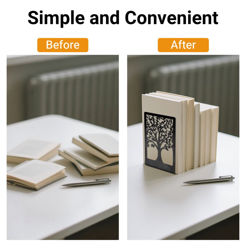 Modern Metal Bookends for Shelves - Tree & Bird Design, Heavy-Duty & Decorative