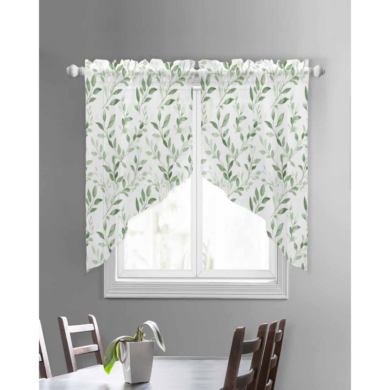 Green Leaves Swag Valances for Windows - Summer Botanical Sheer Curtains, 36x36 Inches, 2 Panels