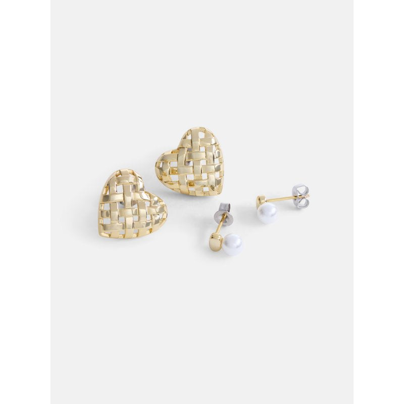 Women's Gold Plated Heart & Pearl Earring Set - Hypoallergenic Jewelry Gift