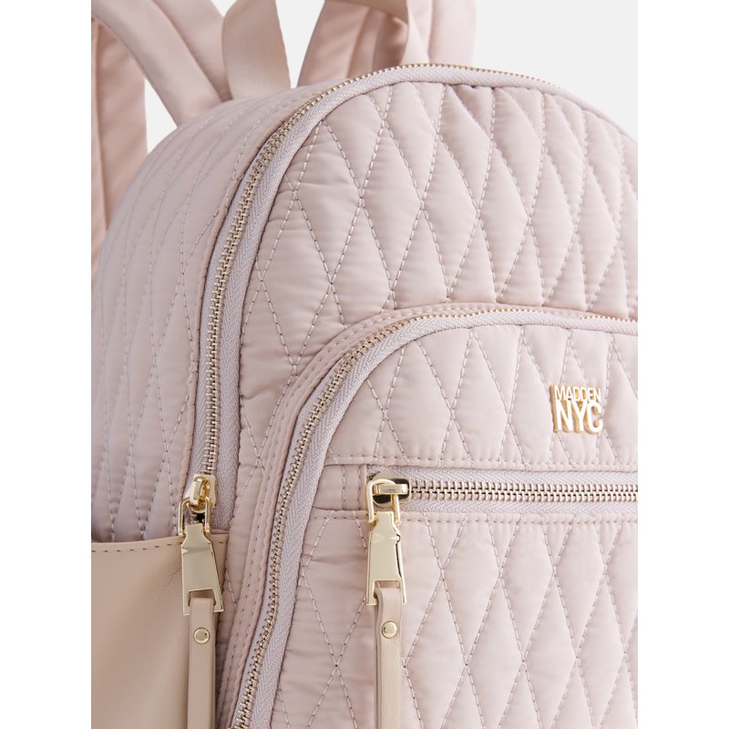 Women's Quilted Mini Backpack with Multiple Pockets - Khaki & Black