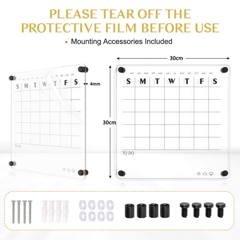 Reusable Acrylic Wall Calendar 12x12 Inch Monthly Planner & Memo Board