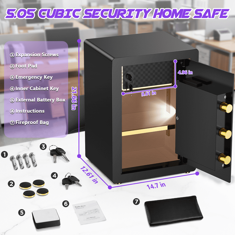 Large Fireproof Waterproof Home Safe with Digital Lock and Removable Shelf