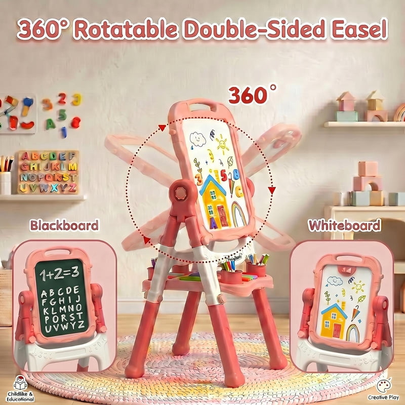 Kids Art Easel with Adjustable Height & 360° Rotation - Double Sided Drawing Board with Accessories, Pink