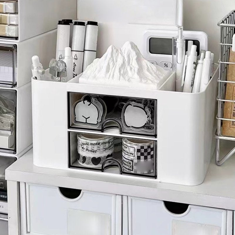 Desk Organizer with 2 Drawers and Multi-Compartment Storage for Office & Study Supplies - White