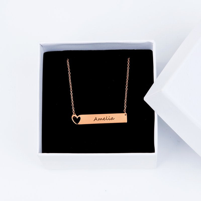 Personalized Heart Bar Necklace for Women - Engravable Stainless Steel Gift