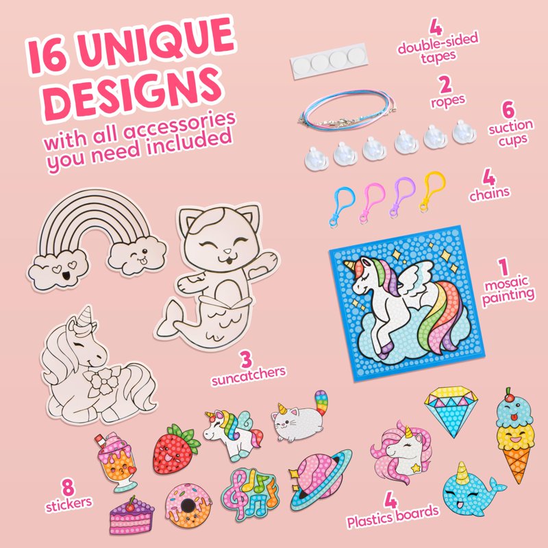 Kids Diamond Art Craft Kit for Girls - 16 Projects Including Unicorn & Princess Variations