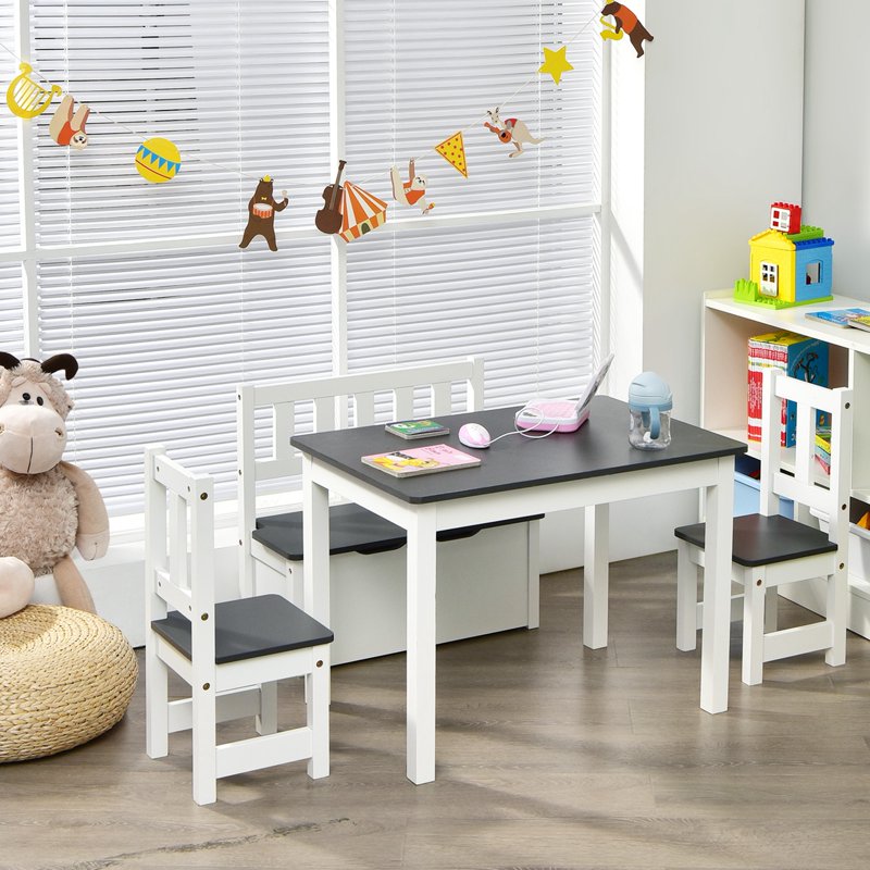 Kids Wooden Activity Table & Chairs Set with Storage Bench - Gray
