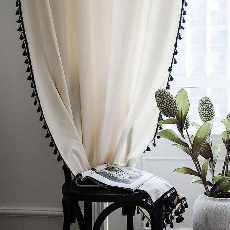 Boho Cotton Linen Window Curtain with Black Tassels - 102 Inch Beige Panel