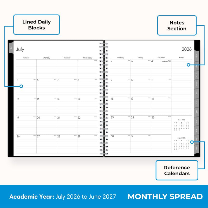 Academic Year Planner Calendar 2026-2027 Weekly & Monthly, 8.5x11, Wirebound, Laminated Tabs