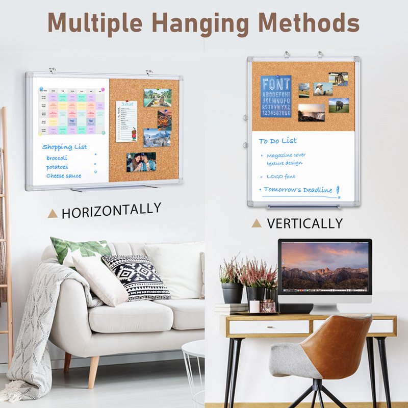 Magnetic Whiteboard and Cork Bulletin Board Combo 36x24 Inches - Wall Mountable Office & Home Organization