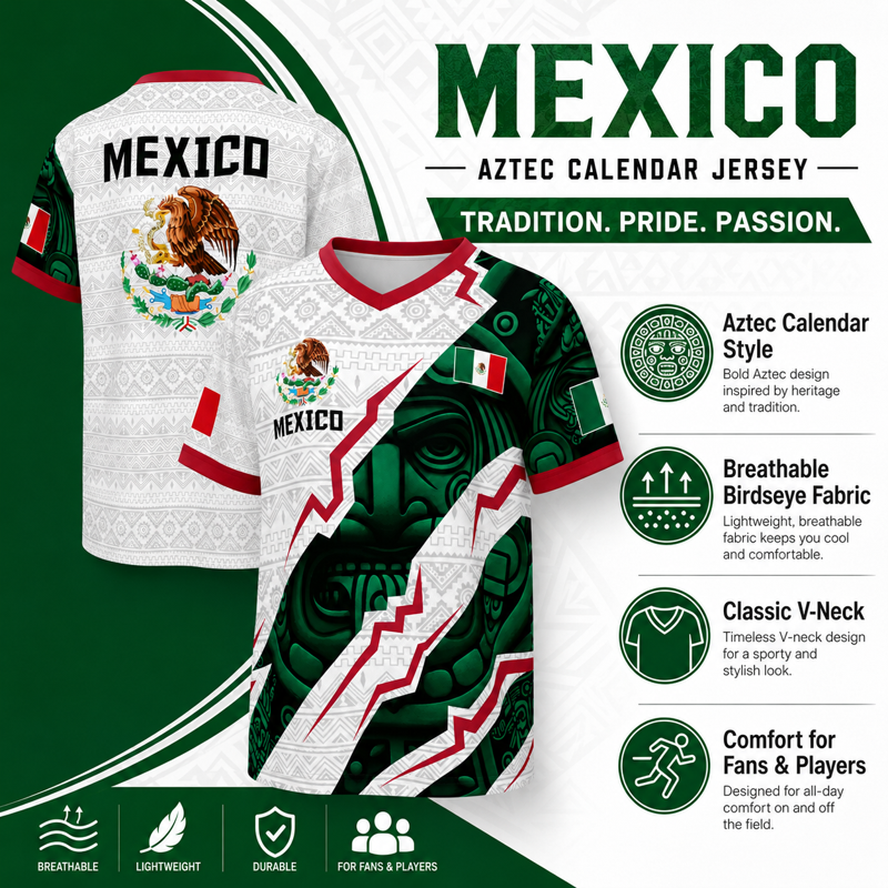 Mexico Aztec Warrior Soccer Jersey for Men, V-Neck, Short Sleeve—Variation D, 2XL