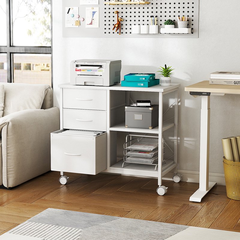 Rolling File Cabinet with Open Shelf - 3 Drawers, Fabric Storage, Mobile Office Organizer