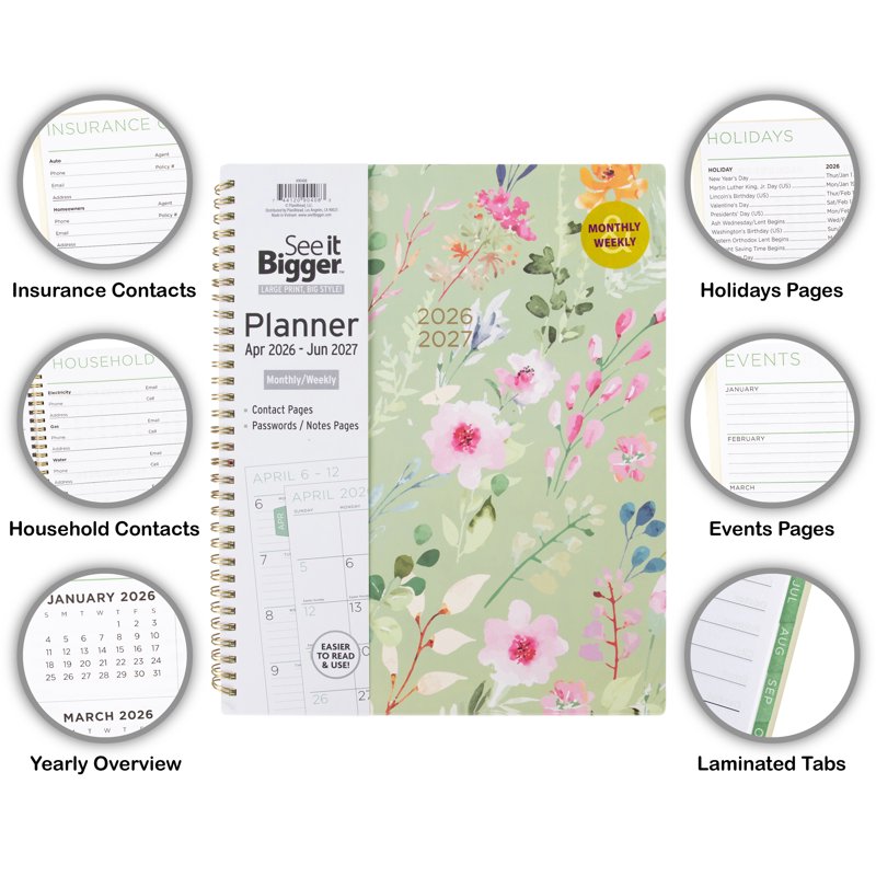 Large Floral Monthly Weekly Planner 15-Month Dated 9x11 Green Cover