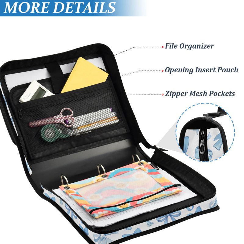 Zipper Binder with Bow Pattern, 3-Ring File Organizer, 500 Sheets Capacity