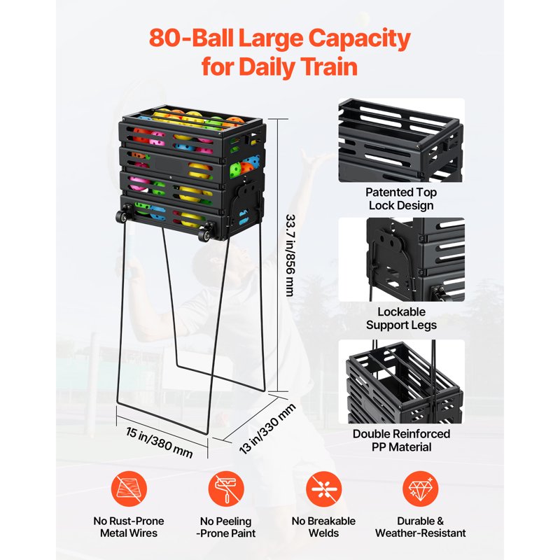 Portable Tennis Ball Hopper with 80-Ball Capacity, Folding Pickleball Basket Cart with Wheels for Training & Storage