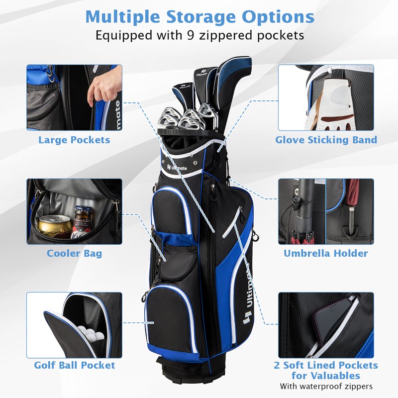 Gymax 14-Way Golf Cart Bag with Rain Hood, 9 Pockets, Blue