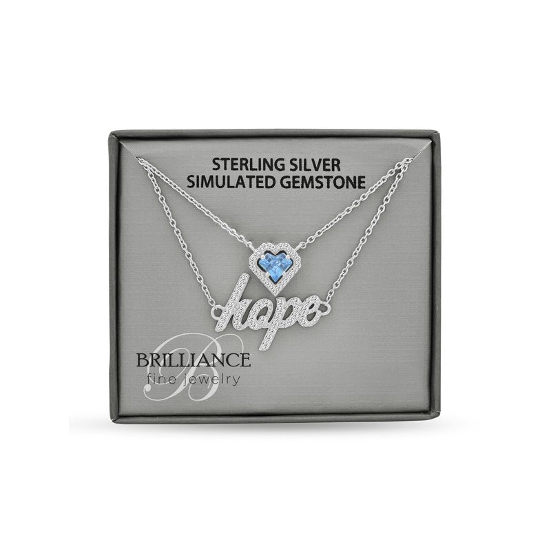 Layered Sterling Silver Necklace with Aquamarine and Hope Pendant - 18 Inch