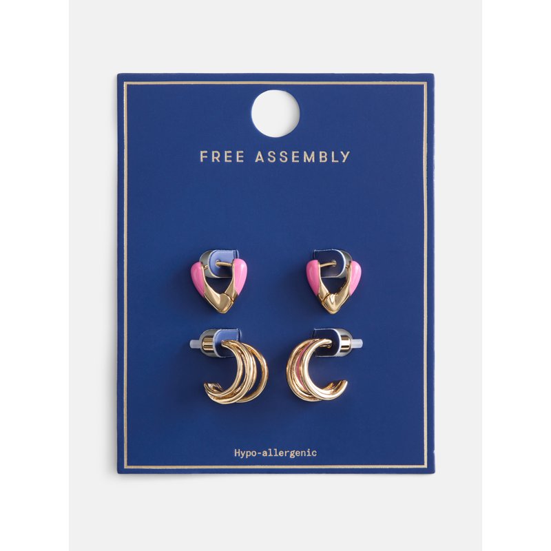 Women's Goldtone Duo Hoop Earrings Set with Pink Enamel - 2-Pair Jewelry