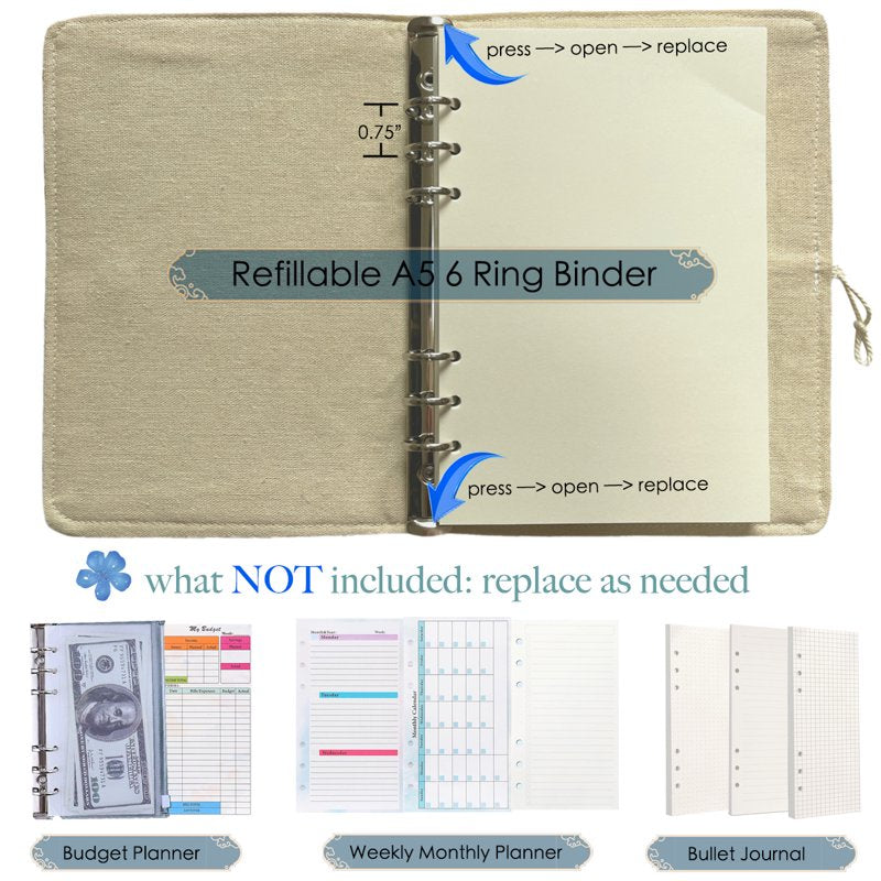 Refillable A5 Flower Embroidered Journal with Pen Loop and Pockets