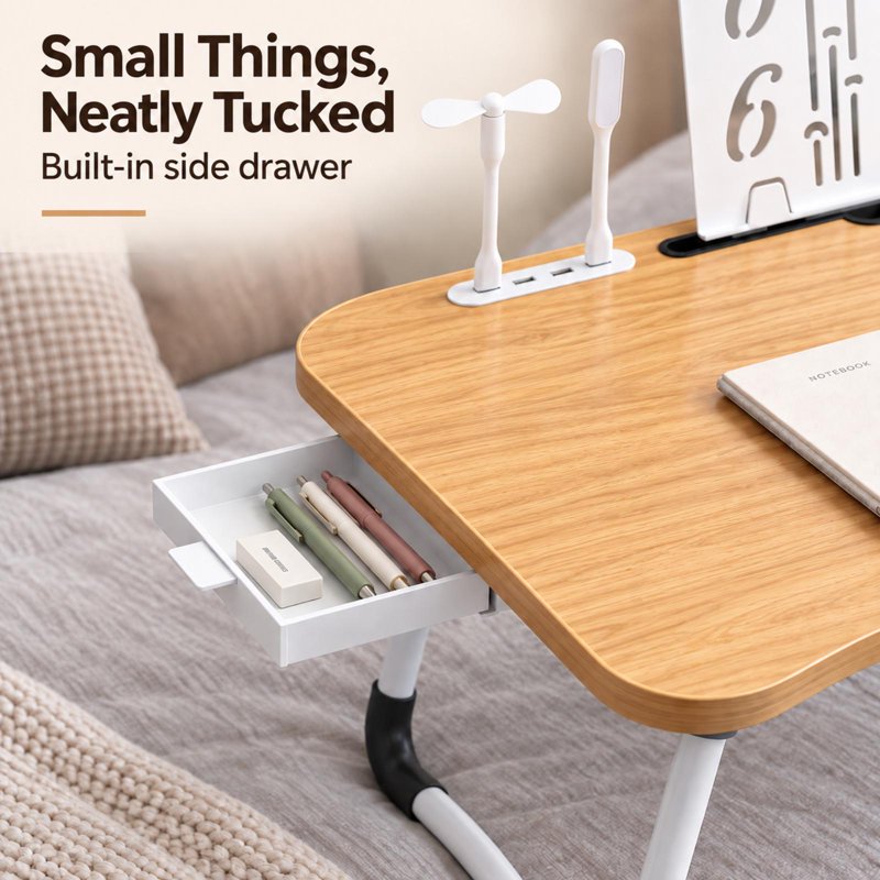 PHANCIR Upgraded Folding Lap Desk with USB Fan & LED Reading Light, 23.6in Walnut