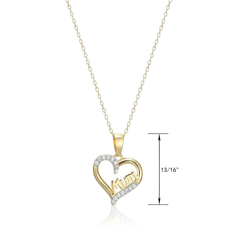 Sterling Silver Mom Heart Pendant Necklace with Cubic Zirconia, 18 Inch Chain