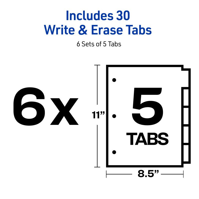 Big Tab Write & Erase Binder Dividers - 6-Pack, Reusable Color Tabs, 30 Count