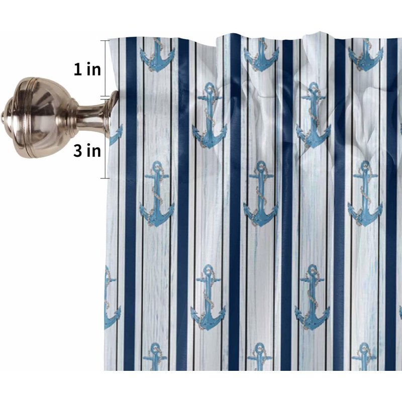 Navy Blue Nautical Short Curtain Panels 54 Inch Rod Pocket Window Treatments - Set of 2