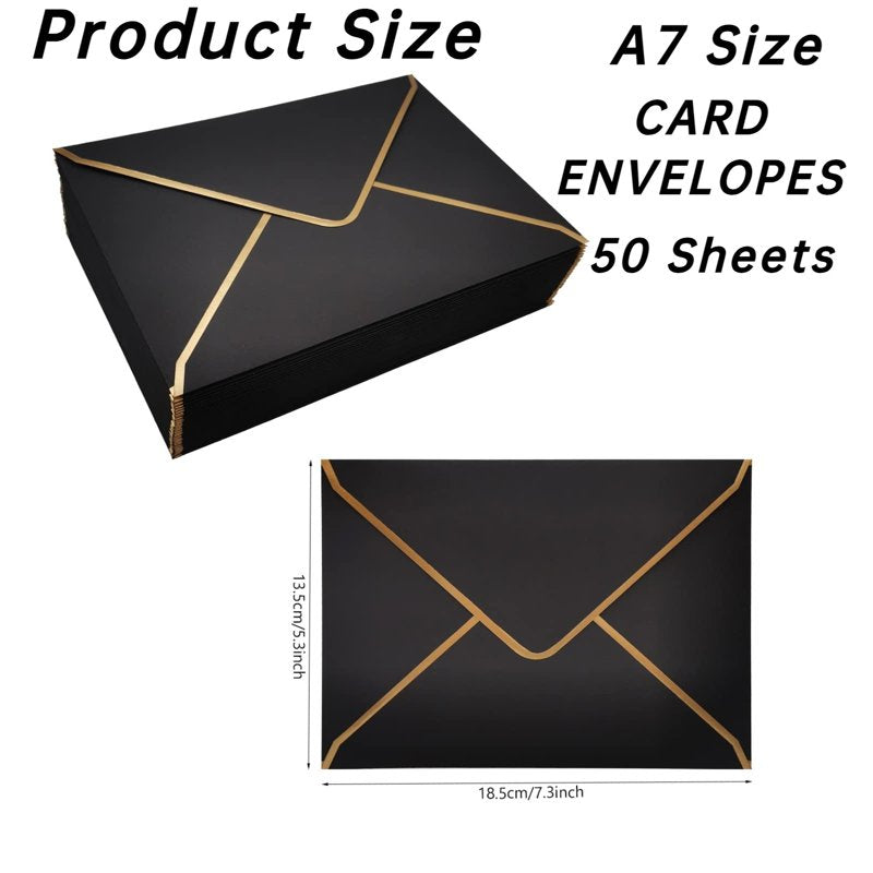 50 Pack A7 Invitation Envelopes Black V-Flap Gold Border 5x7 Inch for Weddings and Events