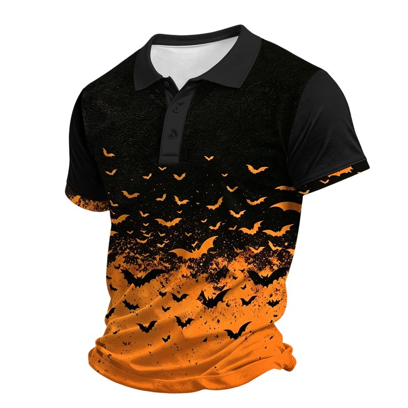 Men's Halloween Bat Print Polo Shirt Short Sleeve Casual Collared Top