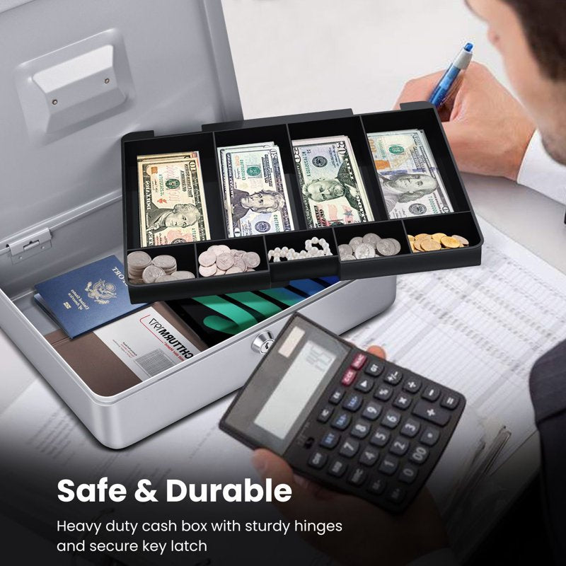 Metal Cash Box with Lock and 9 Compartments - Portable Money Organizer for Small Businesses