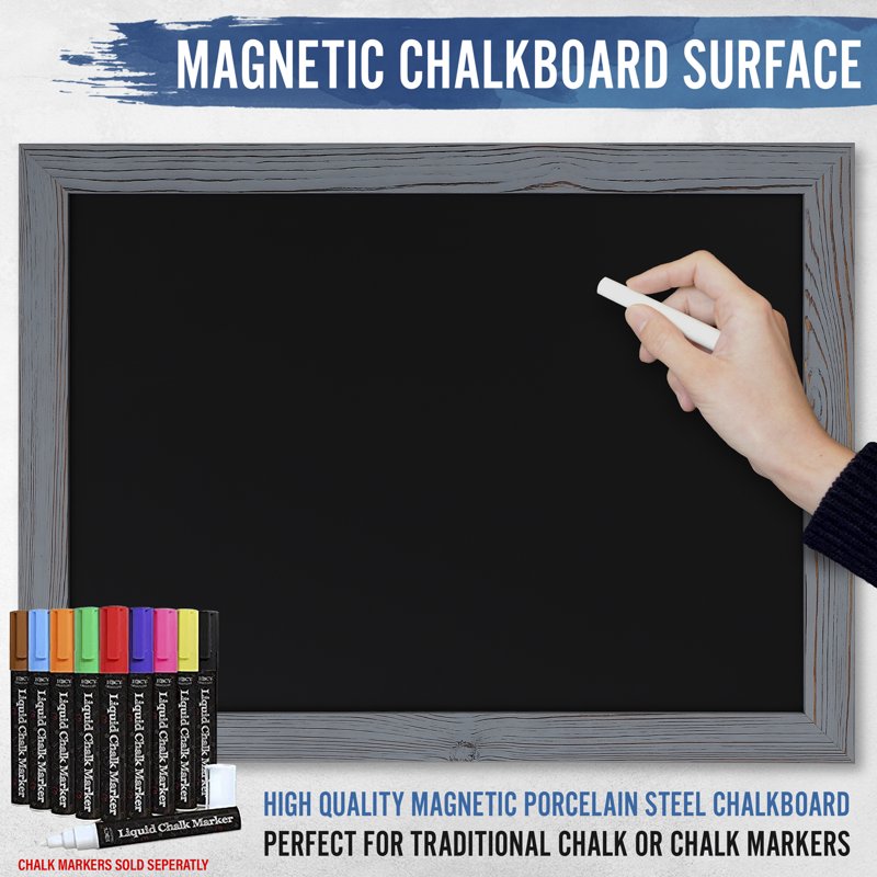 Magnetic Wall Chalkboard 18x24 Inches - Rustic Grey Frame for Kitchen & Events