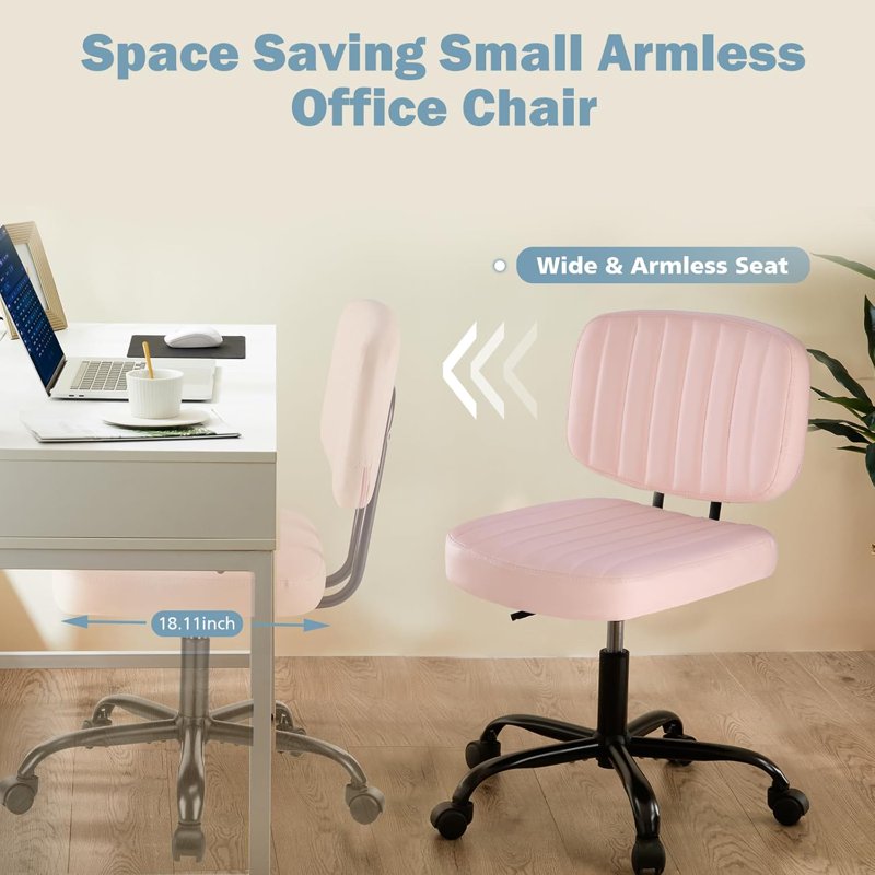 Armless Vanity Chair for Makeup & Home Office - Pink, Adjustable, Swivel