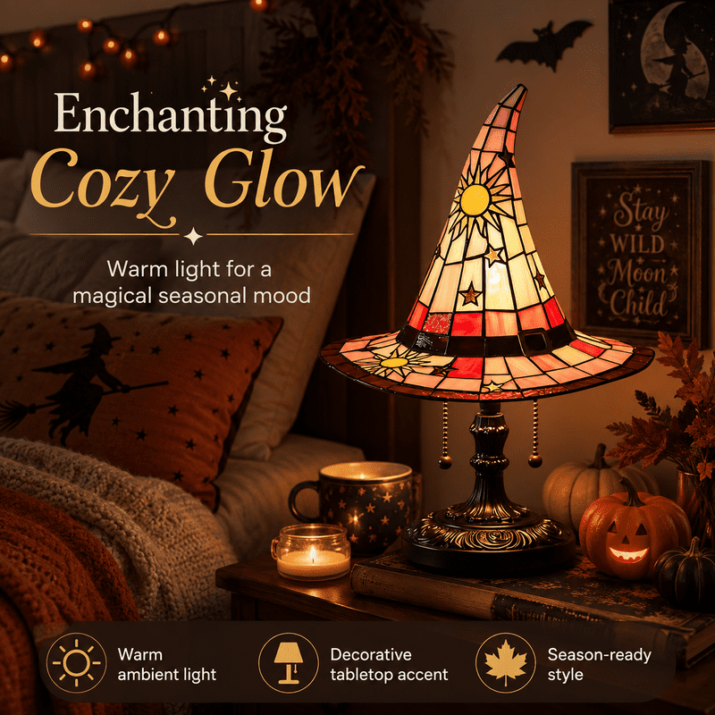 Halloween Witch Hat Stained Glass Lamp with Sun Pattern - Spooky Night Decor 8 Inch