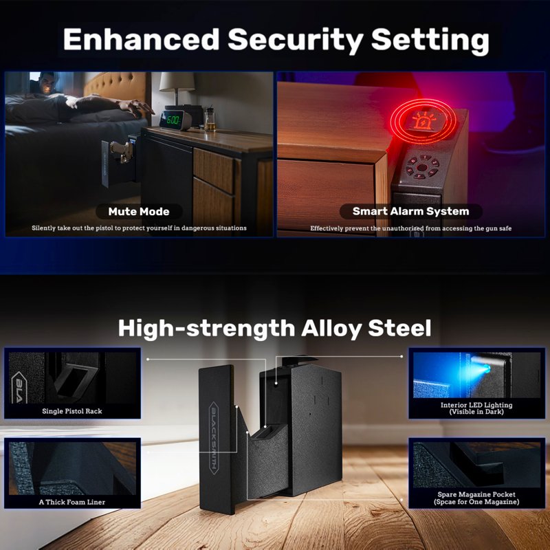 Biometric Gun Safe with App Control Wall Mount Pistol Locker Black