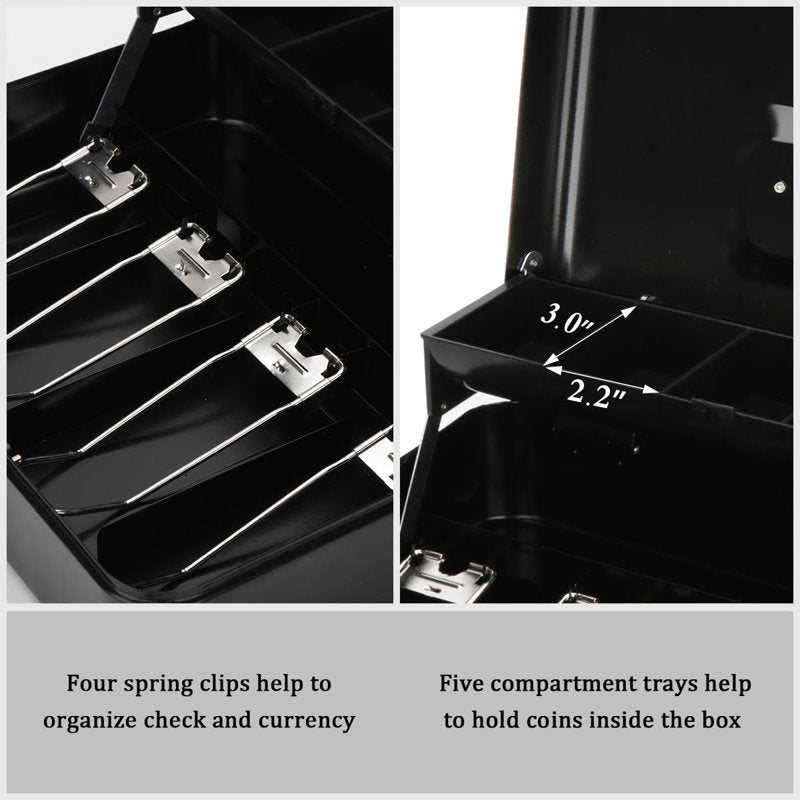 Large Cash Box with Lock and Money Tray - Secure Money Organizer 11.8L x 9.5W x 3.5H Inches, Black