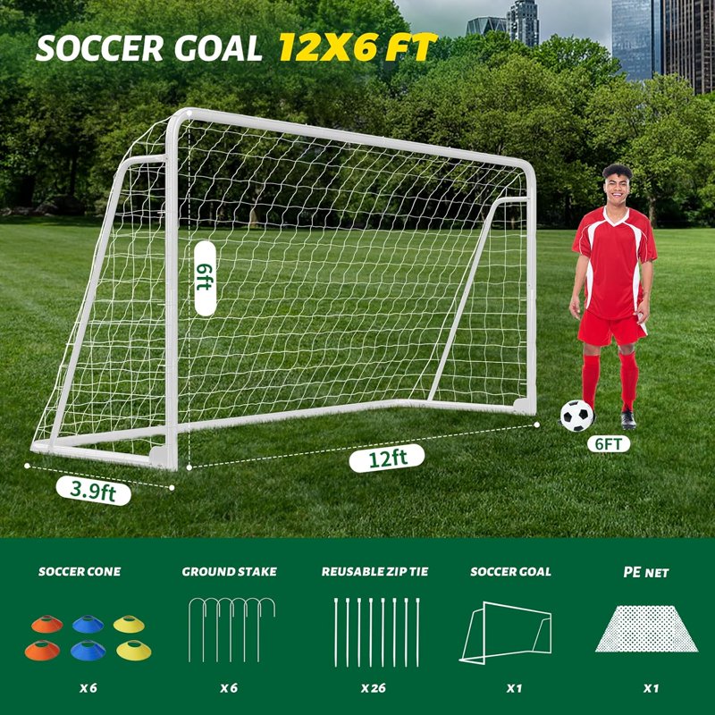 Foldable 12x6 ft Steel Soccer Goal – Portable Backyard Training Goals, White